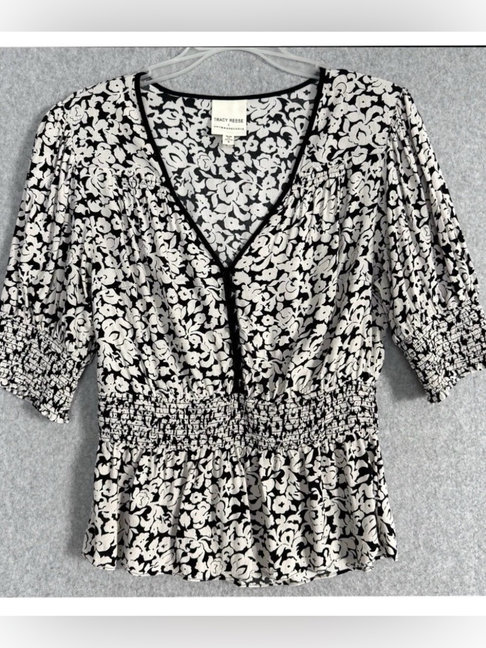 Tracy Reese x Anthropologie Floral Peplum Blouse Black Cream Smocked Waist Small - Picture 3 of 15